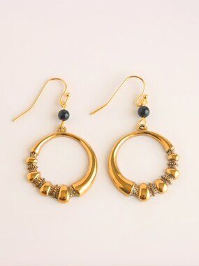Gold Hoop Earrings With Onyx Detail Stainless Steel Large Dangle